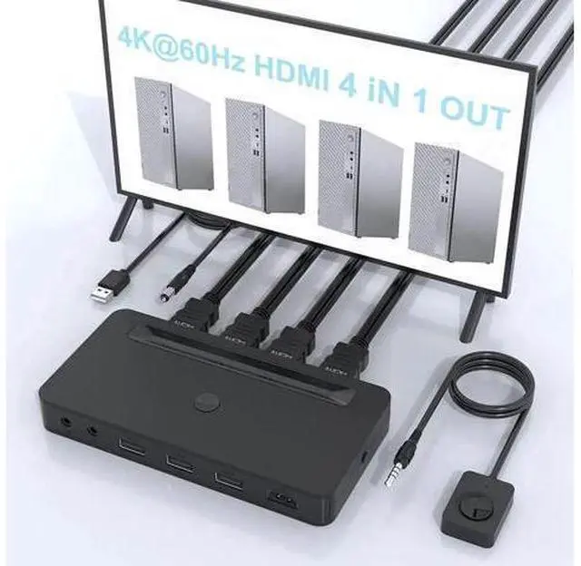 Main image of Vszerda 4K HDMI KVM Switch 4 Ports for 4 Computers Share One HD 4K Monitor, 3 USB Devices Keyboard Mouse Printer, 2 3.5mm Headphone Jack, Including 4 HDMI Cable and 1 Remote Controller