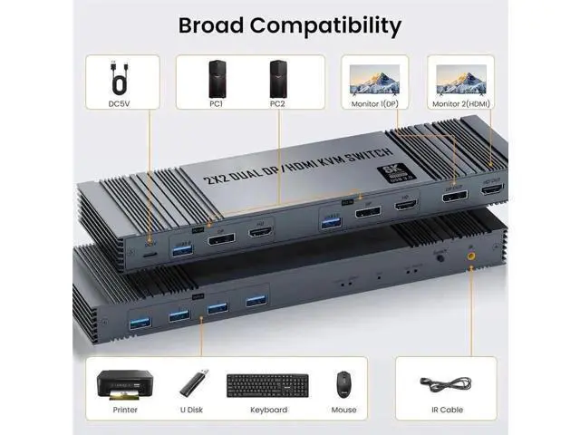 Alt view image 4 of 7 - Vszerda 2x2 HDMI DP KVM switch 4K 144Hz Dual Monitor Extended Display 8K USB KVM Switcher 2 in 2 out for 2 Computers 2 Monitors