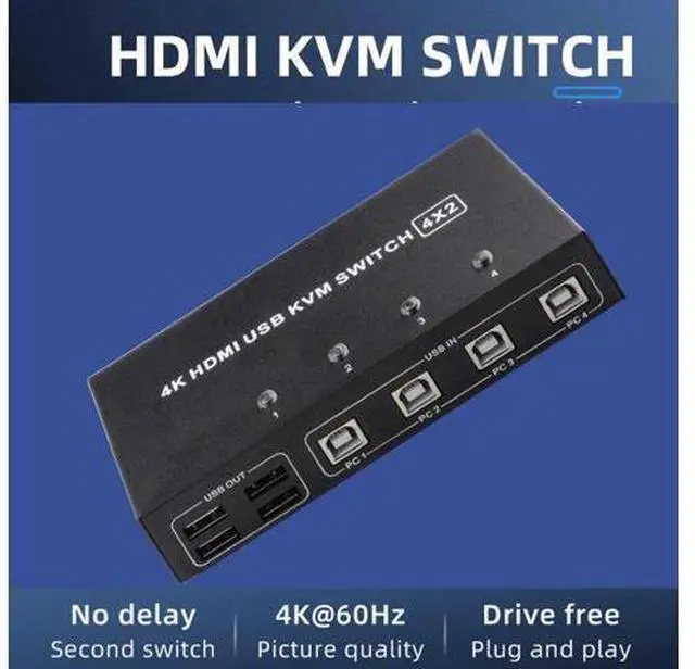 Alt view image 5 of 6 - Vszerda 4 Port HDMI KVM Switch 4X2 Dual Monitor 4K@60Hz Extended Display USB KVM Switch 4 in 2 out for 4 PC Share Keyboard Mouse Monitor
