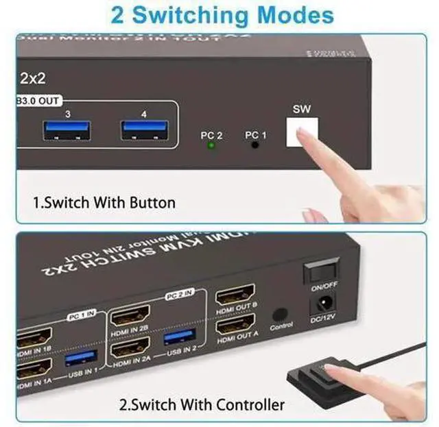 Alt view image 2 of 7 - 2 Ports HDMI KVM Switch 2 Computers 2 Monitors, 4K@60Hz HDMI USB 3.0 KVM Switcher Dual Monitor HDMI 2 in 2 Out with 4 USB Ports to Share Mouse Keyboard Printer etc. Supports Extended/Copy Mode