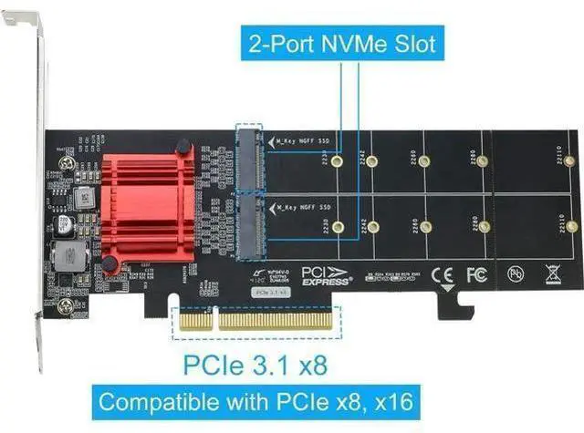 Alt view image 3 of 5 - Vszerda Dual NVMe PCIe Adapter, M.2 NVMe SSD to PCI-e 3.1 x8/x16 Card Support M.2 (M Key) NVMe SSD 22110/2280/2260/2242/2230