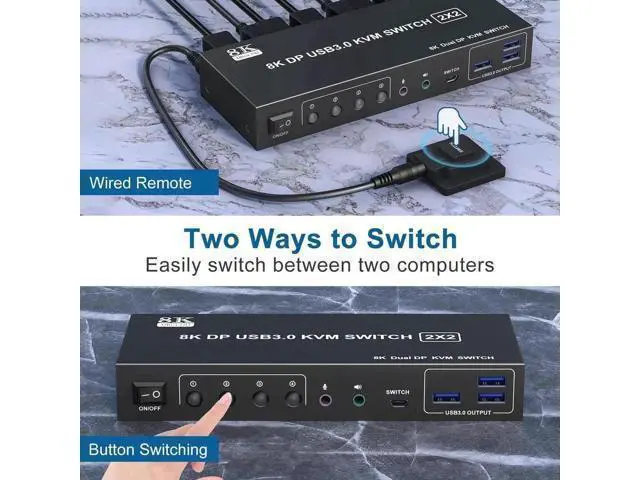 Alt view image 4 of 7 - Vszerda 2 Port Displayport KVM Switch 2 Monitors 2 Computers with 3.5mm Audio Jack - 8K@60HZ 4K@144Hz Dual Monitor DP KVM Switches with 3 USB 3.0 Port Sharing Keyboard Mouse, Included Wired Remote