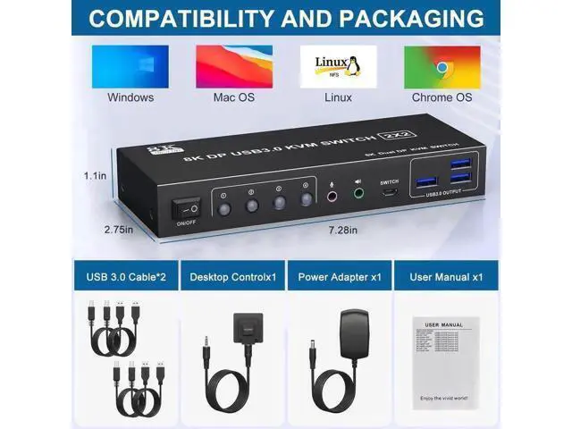 Alt view image 7 of 7 - Vszerda 2 Port Displayport KVM Switch 2 Monitors 2 Computers with 3.5mm Audio Jack - 8K@60HZ 4K@144Hz Dual Monitor DP KVM Switches with 3 USB 3.0 Port Sharing Keyboard Mouse, Included Wired Remote