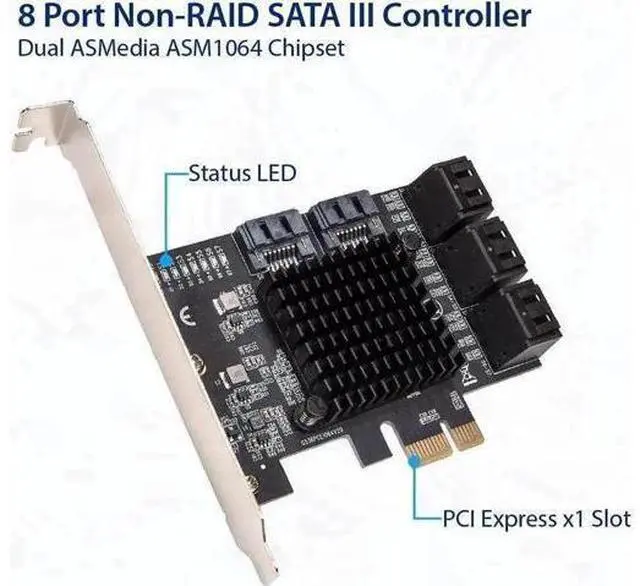 Alt view image 3 of 6 - Vszerda 8 Port SATA III to PCIe 3.0 x1 Non-RAID Expansion Card Dual ASM1064 Genuine 6.0bps with 8 Drives Attached Low Profile Bracket, SI-PEX40165