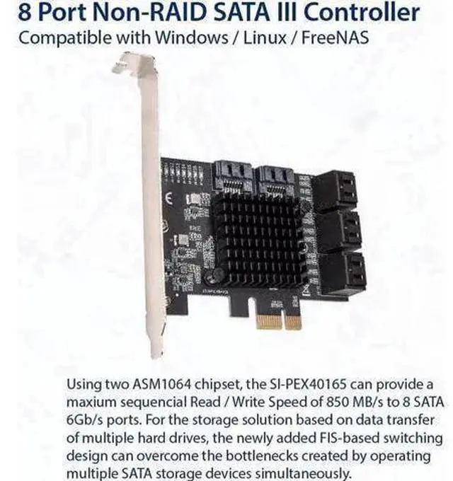 Alt view image 5 of 6 - Vszerda 8 Port SATA III to PCIe 3.0 x1 Non-RAID Expansion Card Dual ASM1064 Genuine 6.0bps with 8 Drives Attached Low Profile Bracket, SI-PEX40165