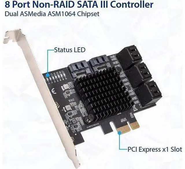 Alt view image 6 of 6 - 8 Port SATA III to PCIe 3.0 x1 Non-RAID Expansion Card Dual ASM1064 Genuine 6.0bps with 8 Drives Attached Low Profile Bracket, SI-PEX40165