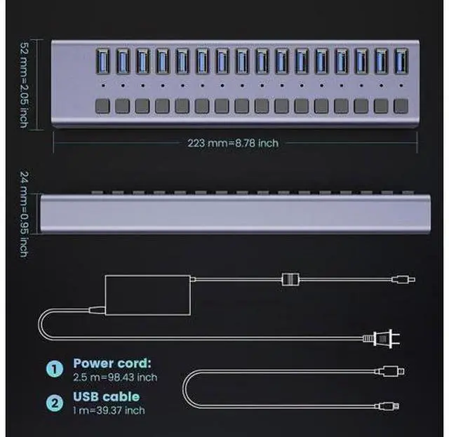 Alt view image 3 of 7 - 16-Port USB 3.0 Hub with 16 Data Ports & Charging Port, Individual On/Off Switches and 12V/7.5A Adapter