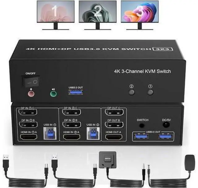 Main image of HDMI + 2 Displayport USB 3.0 KVM Switch Triple Monitor for 2 Computers, 4K@60Hz KVM Switch 2 Computers 3 Monitors with Audio Microphone Output and 3 USB 3.0 Ports, Keyboard Mouse Switcher