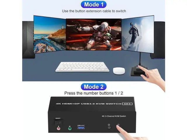 Alt view image 5 of 7 - HDMI + 2 Displayport USB 3.0 KVM Switch Triple Monitor for 2 Computers, 4K@60Hz KVM Switch 2 Computers 3 Monitors with Audio Microphone Output and 3 USB 3.0 Ports, Keyboard Mouse Switcher