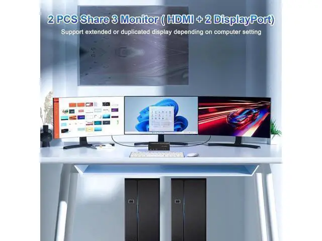 Alt view image 3 of 7 - HDMI + 2 Displayport USB 3.0 KVM Switch Triple Monitor for 2 Computers, 4K@60Hz KVM Switch 2 Computers 3 Monitors with Audio Microphone Output and 3 USB 3.0 Ports, Keyboard Mouse Switcher