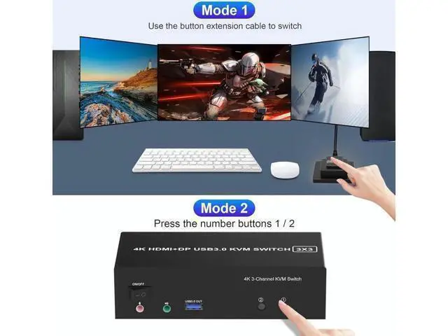 Alt view image 7 of 7 - HDMI + 2 Displayport USB 3.0 KVM Switch Triple Monitor for 2 Computers, 4K@60Hz KVM Switch 2 Computers 3 Monitors with Audio Microphone Output and 3 USB 3.0 Ports, Keyboard Mouse Switcher