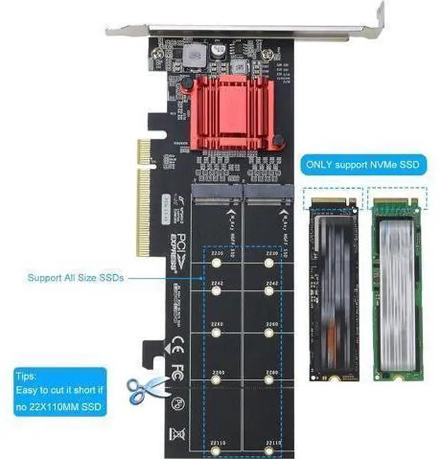 Alt view image 3 of 5 - Dual NVMe PCIe Adapter, M.2 NVMe SSD to PCI-e 3.1 x8/x16 Card Support M.2 (M Key) NVMe SSD 22110/2280/2260/2242/2230
