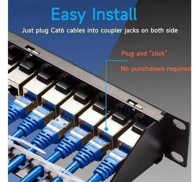 Alt view image 3 of 7 - 24 Port RJ45 Patch Panel Cat6 STP Feed Through, Coupler Network Patch Panel 19 Inch, Inline Keystone Ethernet Patch Panel with Back Bar