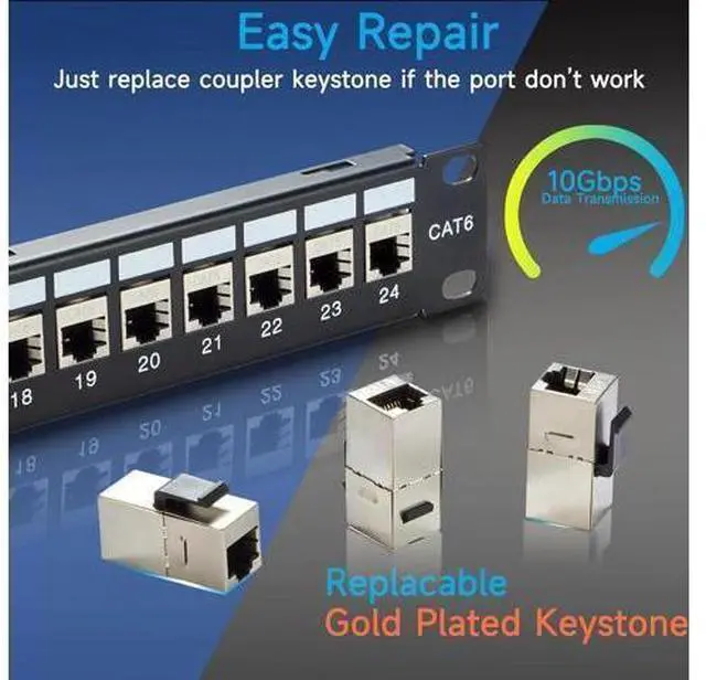 Alt view image 4 of 7 - 24 Port RJ45 Patch Panel Cat6 STP Feed Through, Coupler Network Patch Panel 19 Inch, Inline Keystone Ethernet Patch Panel with Back Bar