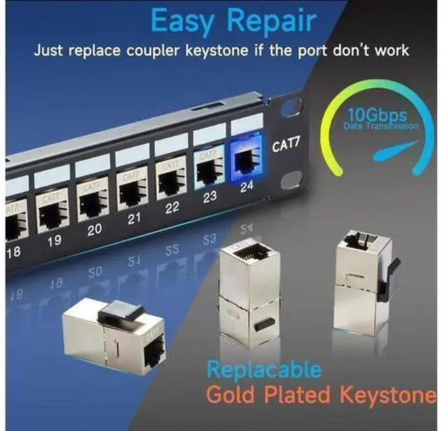 Alt view image 4 of 6 - 24 Port RJ45 Patch Panel Cat7 STP Feed Through, Coupler Network Patch Panel 19 Inch, Inline Keystone Ethernet Patch Panel with Back Bar