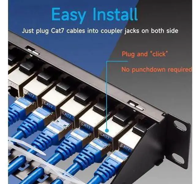Alt view image 6 of 6 - 24 Port RJ45 Patch Panel Cat7 STP Feed Through, Coupler Network Patch Panel 19 Inch, Inline Keystone Ethernet Patch Panel with Back Bar