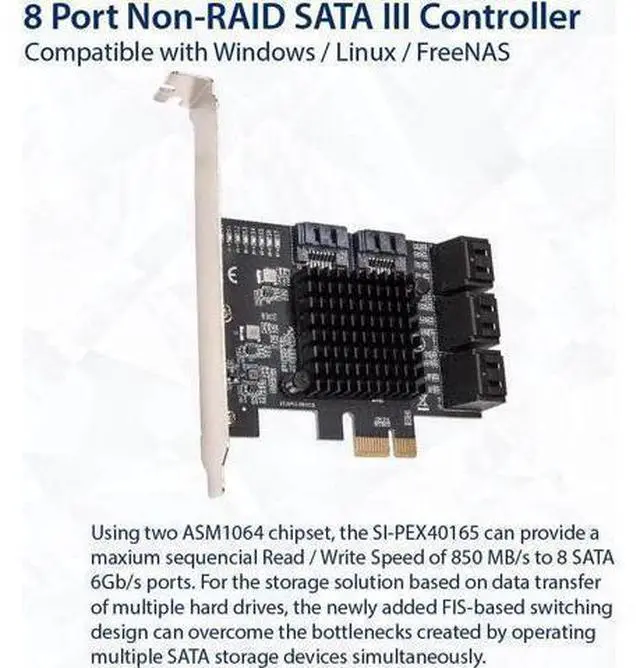 Alt view image 3 of 6 - 8 Port SATA III to PCIe 3.0 x1 Non-RAID Expansion Card Dual ASM1064 Genuine 6.0bps with 8 Drives Attached Low Profile Bracket, SI-PEX40165
