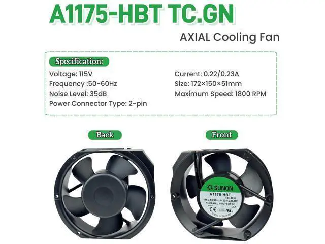 Alt view image 3 of 7 - for SUNON A1175-HBT TC.GN AXIAL Fan, 115VAC 50/60Hz 0.22/0.23A 2-pin Cooling Fan 172×150×51mm Fan A1175-HBT TC.GN