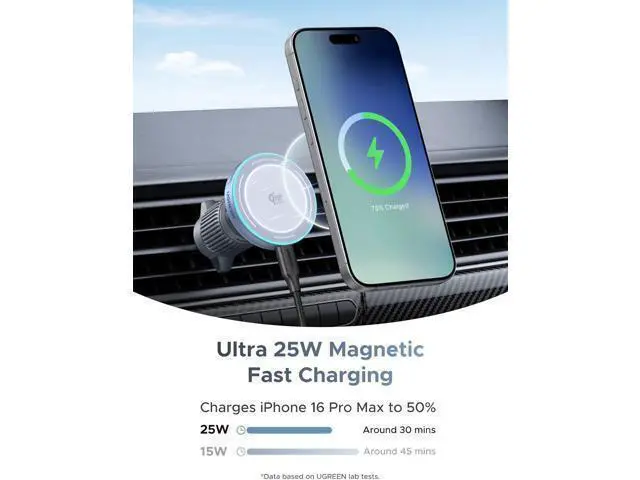 Alt view image 6 of 7 - UGREEN 25W MagFlow Wireless Car Charger, MagSafe Qi2 Certified Fast Charging Cradle Mount for iPhone 17/16/15/14/13/12 Series, Air Vent Clip Secure Holder with USB-C Cable