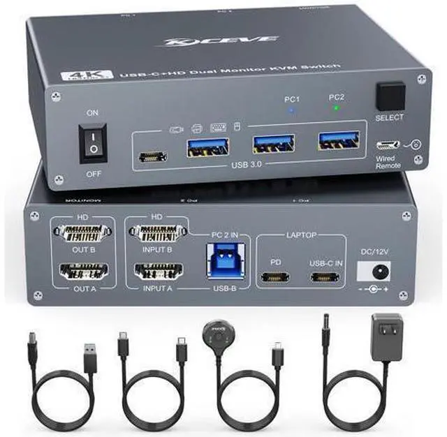Main image of KVM Switch 2 Monitors 2 Computers USB C HDMI, Dual Monitor USB 3.0 USB Typc C KVM Switcher Supports 4K@60Hz for 2 Computers Share Keyboard, Mouse and Monitor
