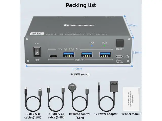 Alt view image 7 of 7 - KVM Switch 2 Monitors 2 Computers USB C HDMI, Dual Monitor USB 3.0 USB Typc C KVM Switcher Supports 4K@60Hz for 2 Computers Share Keyboard, Mouse and Monitor