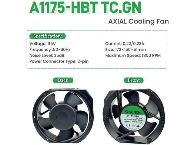 Alt view image 2 of 7 - Vszerda for SUNON A1175-HBT TC.GN AXIAL Fan, 115VAC 50/60Hz 0.22/0.23A 2-pin Cooling Fan 172×150×51mm Fan A1175-HBT TC.GN