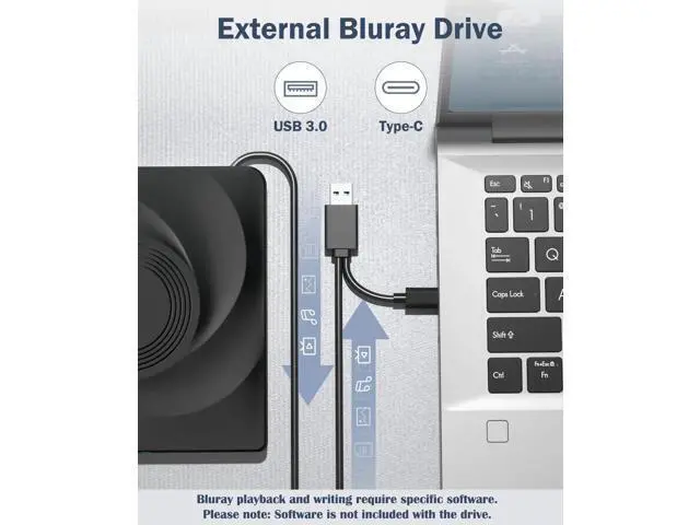 Alt view image 2 of 7 - Vszerda External Blu-ray Drive, USB 3.0 Type-C Optical External DVD Drive Burner, External Bluray Burner Compatible with Windows/MacOS/Linux Laptop Desktop