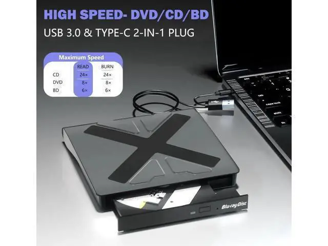 Alt view image 3 of 7 - External Blu Ray Drive, USB 3.0 and Type-C Blu Ray Burner Portable Blu Ray DVD/CD/BD Player, 3D Optical Bluray DVD Drive Compatible with Windows XP/7/8/10/11 MacOS for Mac-Book Laptop Desktop