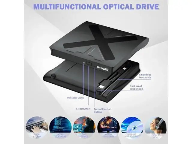 Alt view image 6 of 7 - External Blu Ray Drive, USB 3.0 and Type-C Blu Ray Burner Portable Blu Ray DVD/CD/BD Player, 3D Optical Bluray DVD Drive Compatible with Windows XP/7/8/10/11 MacOS for Mac-Book Laptop Desktop