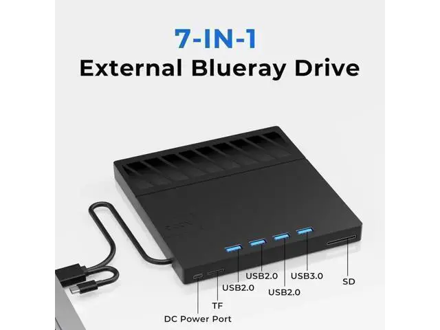 Alt view image 2 of 7 - 7 in 1 External Blu Ray Drive, USB 3.0 Type-C External Blu ray Player, 50GB BD write support, 3D External Blu Ray Burner with 4 USB A&TF/SD Port, External Optical Drive for Windows Linux Mac OS
