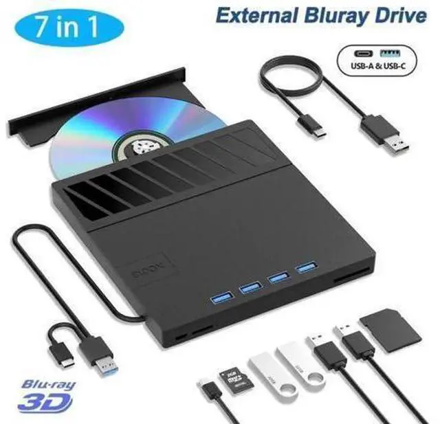 Main image of 7 in 1 External Blu Ray Drive, USB 3.0 Type-C External Blu ray Player, 50GB BD write support, 3D External Blu Ray Burner with 4 USB A&TF/SD Port, External Optical Drive for Windows Linux Mac OS
