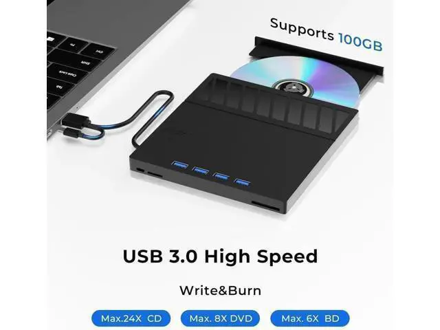 Alt view image 3 of 7 - 7 in 1 External Blu Ray Drive, USB 3.0 Type-C External Blu ray Player, 50GB BD write support, 3D External Blu Ray Burner with 4 USB A&TF/SD Port, External Optical Drive for Windows Linux Mac OS