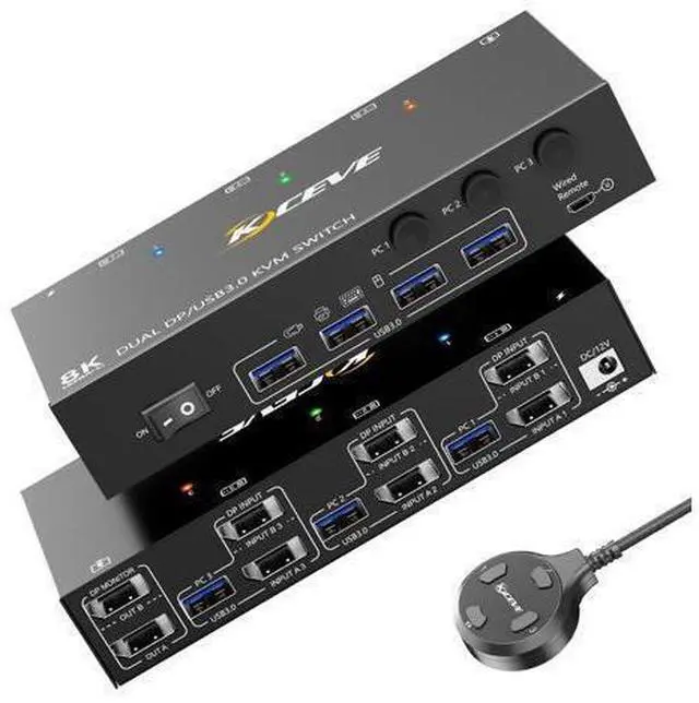 Main image of 8K KVM Switch 2 Monitors 3 Computer, Dual Monitors USB 3.0 Displayport KVM Switcher, Supports 8K@60Hz for 3 DP Port PC Share 2 DP Monitors, Keyboard and Mouse