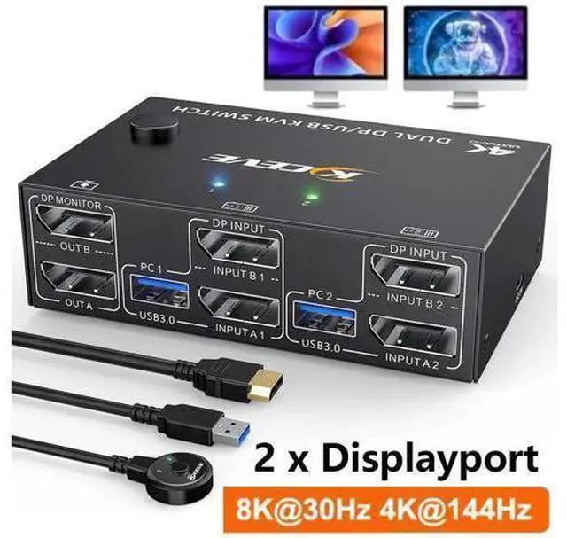 Main image of Displayport KVM Switch for 2 Monitors 2 Computers 8K@30Hz 4K@144Hz, USB 3.0 Dual Monitor Displayport 1.4 KVM Switches with 4 USB 3.0 Port for USB Devices, Wired Remote and 4 Cable Included