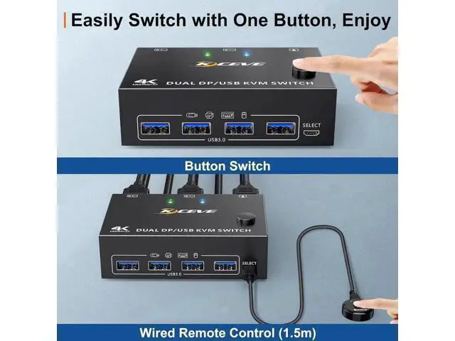 Alt view image 6 of 7 - Displayport KVM Switch for 2 Monitors 2 Computers 8K@30Hz 4K@144Hz, USB 3.0 Dual Monitor Displayport 1.4 KVM Switches with 4 USB 3.0 Port for USB Devices, Wired Remote and 4 Cable Included