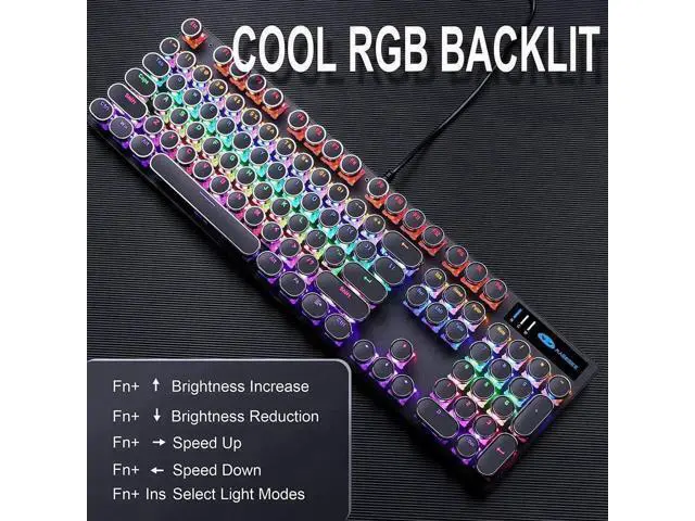 Alt view image 4 of 7 - Typewriter Style Mechanical Gaming Keyboard, Black Retro Punk Gaming Keyboard with RGB Backlit, 104 Keys Blue Switch Wired Cute Keyboard, Round Keycaps for Windows/Mac/PC