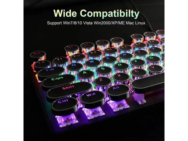 Alt view image 5 of 7 - Typewriter Style Mechanical Gaming Keyboard, Black Retro Punk Gaming Keyboard with RGB Backlit, 104 Keys Blue Switch Wired Cute Keyboard, Round Keycaps for Windows/Mac/PC