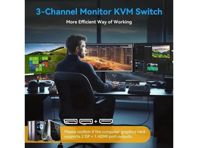 Alt view image 6 of 7 - 8K@60Hz HDMI+2 Displayport KVM Switch 3 Monitors 2 Computers 4K@120Hz USB 3.0 DP KVM Swtiches Triple Monitor 2 Port for 2 PC Share 1 Set of Keyboard Mouse Printer Hard Disk Etc Support Extended Mode
