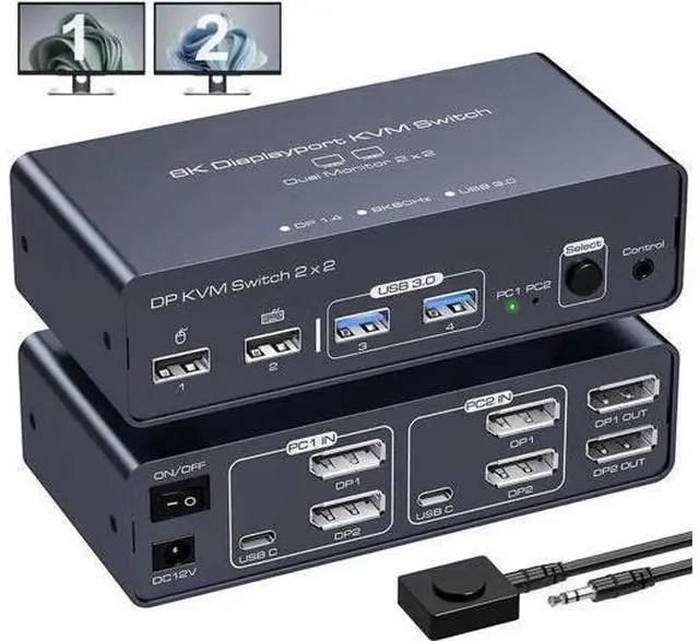 Main image of 2 Port Dual Monitor DisplayPort KVM Switch 2 in 2 Out, 8K60Hz 4K120Hz Displayport KVM Switch for 2 Monitors 2 Computers Shared 4 USB Device Support DP1.4 With USB3.0 to USB C Cable - Aluminium