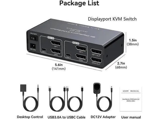 Alt view image 6 of 7 - 2 Port Dual Monitor DisplayPort KVM Switch 2 in 2 Out, 8K60Hz 4K120Hz Displayport KVM Switch for 2 Monitors 2 Computers Shared 4 USB Device Support DP1.4 With USB3.0 to USB C Cable - Aluminium