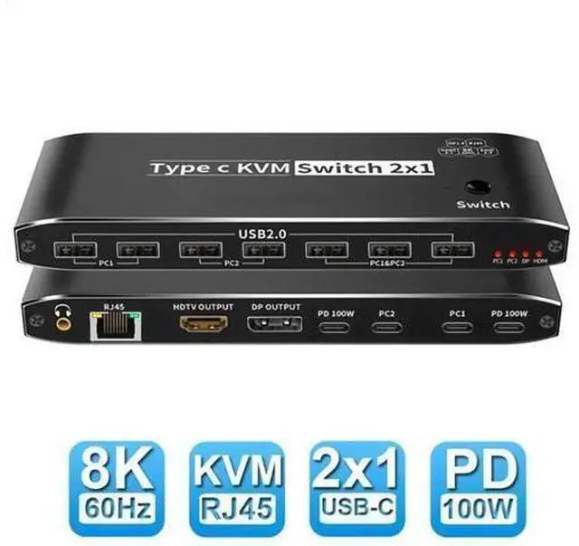 Main image of 2x1 Type C KVM Switch, 8K Thunderbolt 4 USB C KVM Switch with Ethernet Port RJ45 100W PD Charge 4K 144Hz Type C KVM Switch Switcher for 2 Computer 1 Monitor