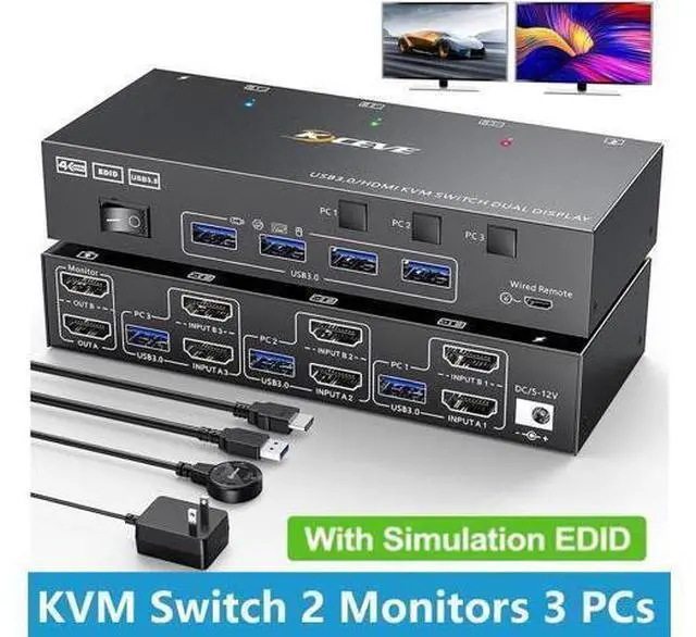 Main image of USB 3.0 HDMI KVM Switch 2 Monitors 3 Computers 4K@60Hz 2K@144Hz, Edid simulation, Dual Monitor HDMI KVM Switch 3 in 2 Out for 3 Computers Share 2 Displays and 4 USB3.0 Port Keyboard Mouse Printer