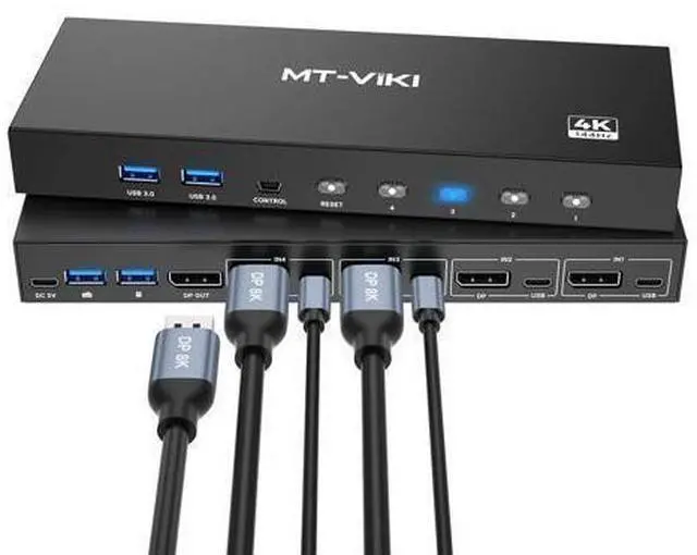 Main image of MT-VIKI 8K Displayport KVM Switch 4 in 1 Out DP1.4 with 4 USB 3.0 Ports, Support 8K@60Hz 4K@144Hz Share 1 Monitor Keyboard Mouse U-Disk Printer, with 4 USB A to C Cables