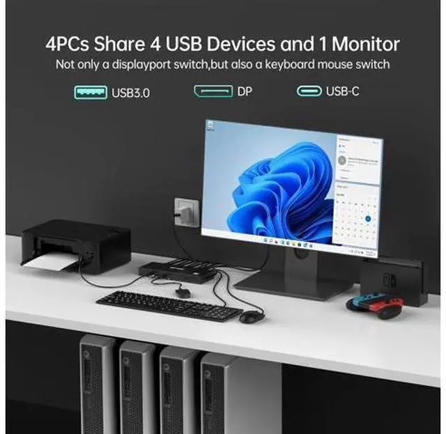 Alt view image 4 of 7 - MT-VIKI 8K Displayport KVM Switch 4 in 1 Out DP1.4 with 4 USB 3.0 Ports, Support 8K@60Hz 4K@144Hz Share 1 Monitor Keyboard Mouse U-Disk Printer, with 4 USB A to C Cables