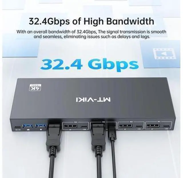 Alt view image 5 of 7 - MT-VIKI 8K Displayport KVM Switch 4 in 1 Out DP1.4 with 4 USB 3.0 Ports, Support 8K@60Hz 4K@144Hz Share 1 Monitor Keyboard Mouse U-Disk Printer, with 4 USB A to C Cables