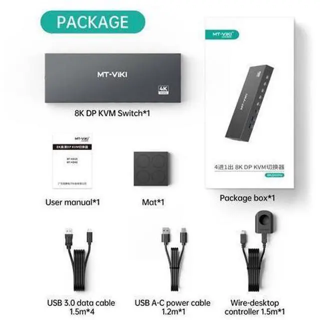 Alt view image 6 of 7 - MT-VIKI 8K Displayport KVM Switch 4 in 1 Out DP1.4 with 4 USB 3.0 Ports, Support 8K@60Hz 4K@144Hz Share 1 Monitor Keyboard Mouse U-Disk Printer, with 4 USB A to C Cables