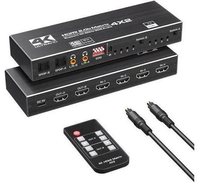 Main image of 4K HDMI Matrix Switch 4x2, Video Switcher Splitter 4 in 2 Out, Optical and LR Audio Output with IR Remote Controller, Support 4K@60Hz 3D 18.5Gbps x 3 Data Rate, HDMI 2.0b, HDCP 2.2