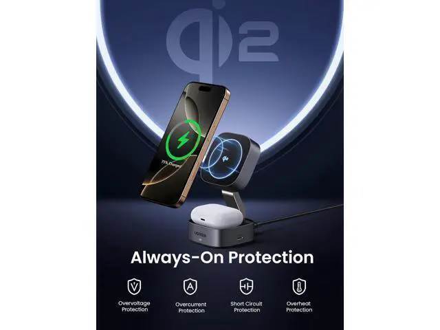 Alt view image 2 of 7 - UGREEN MagFlow Qi2 Magnetic Foldable Charging Station, 2-in-1 Fast Wireless Charger Compatible with iPhone 17/17 Air/17 Pro/17 Pro Max 16 15 14 13 12, Airpods3 2 Pro (No AC Adapter), Dark Grey