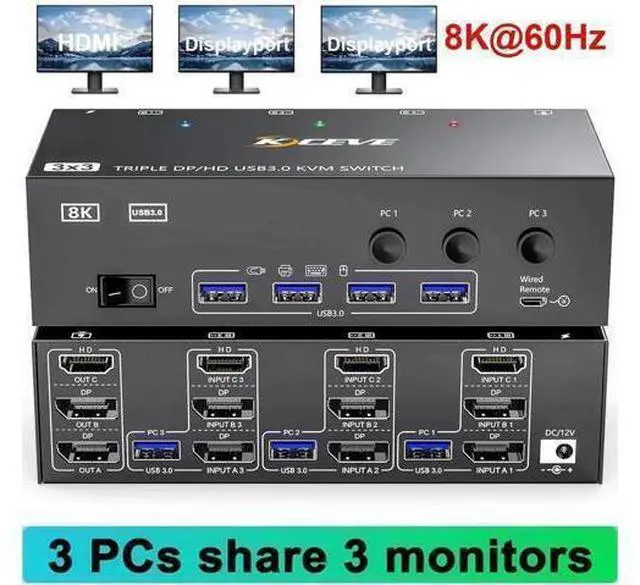 Main image of Vszerda KVM Switch 3 Monitors 3 Computers 8K@60Hz, 1* HDMI + 2* Displayport Triple Monitor USB 3.0 KVM Switches with 4 USB 3.0 Ports for Keyboard Mouse Printer, Wired Remote & Power Adapter included