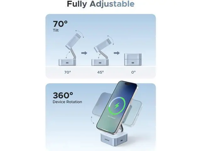 Alt view image 2 of 7 - UGREEN Qi2 25W Magflow Wireless Charger Magsafe Charging Station 2-in-1 for iPhone 17/16/15/14/13/12 Pro Max, Fast Foldable Stand with USB-C Port, Compatible with AirPods, Dual Device Charging
